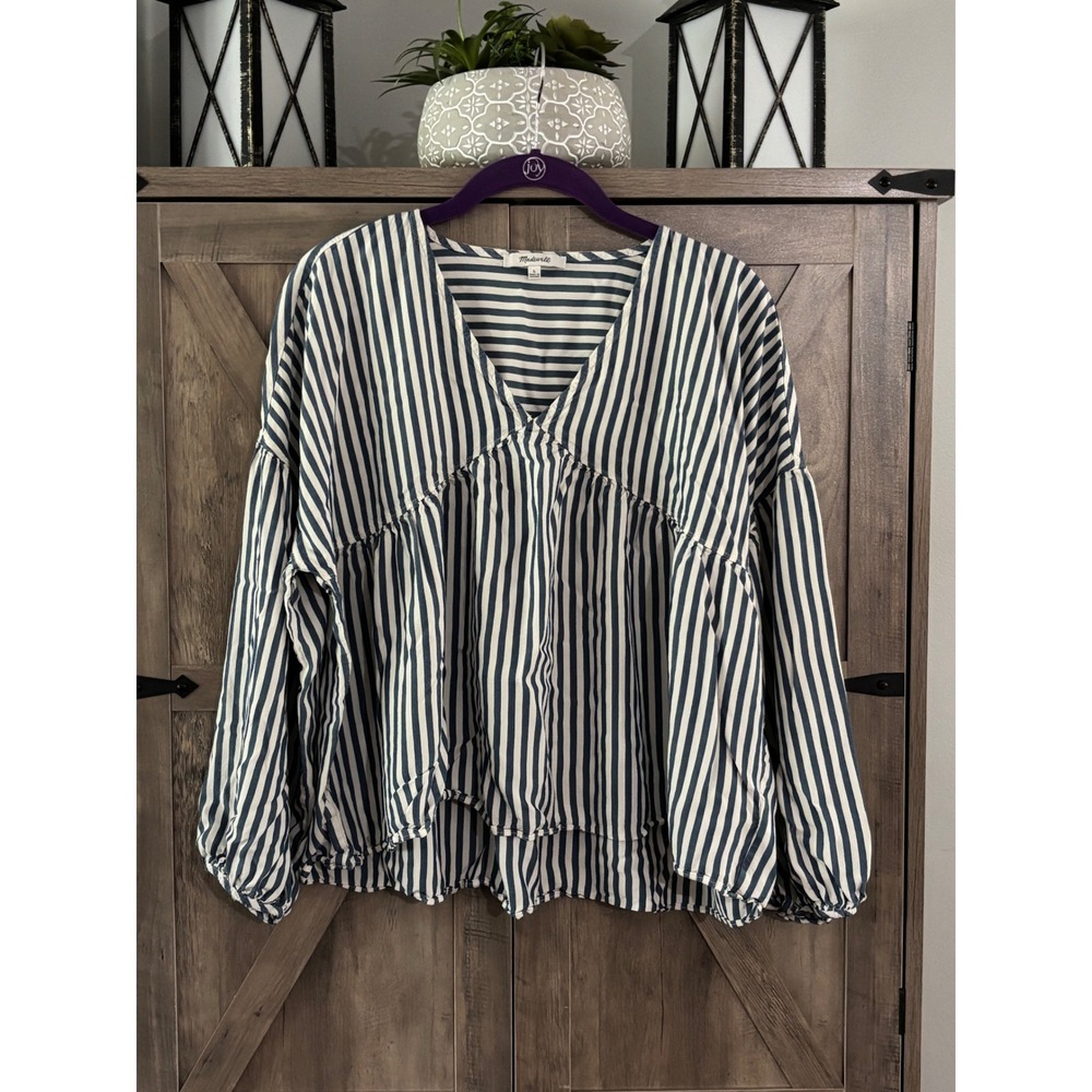 Madewell Striped V-Neck Babydoll Blouse Navy White Long Sleeve Top Large